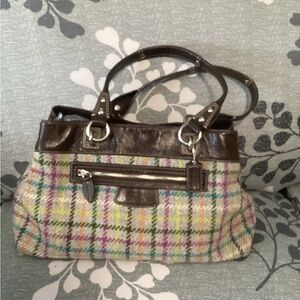 Coach F15456 Plaid Wool Leather Trim Satchel Brown Multicolor Fall Bag